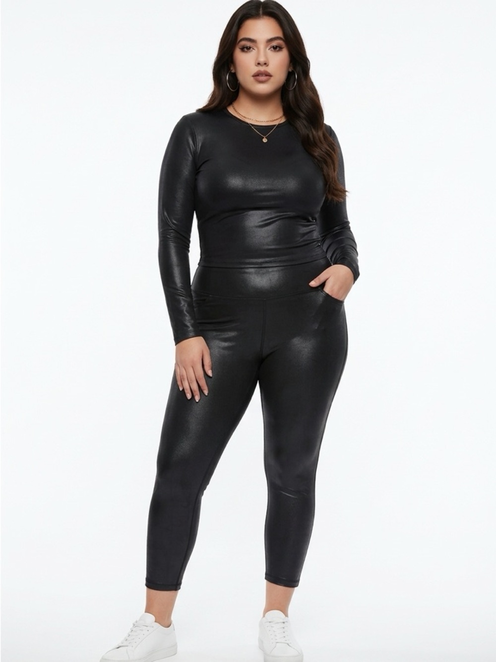 SPANX Cropped Black Shiny Faux Leather High Waist‎ Leggings XL 150